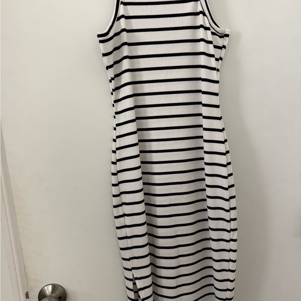 Black and White Sheath Midi Dress with Spaghetti Straps
